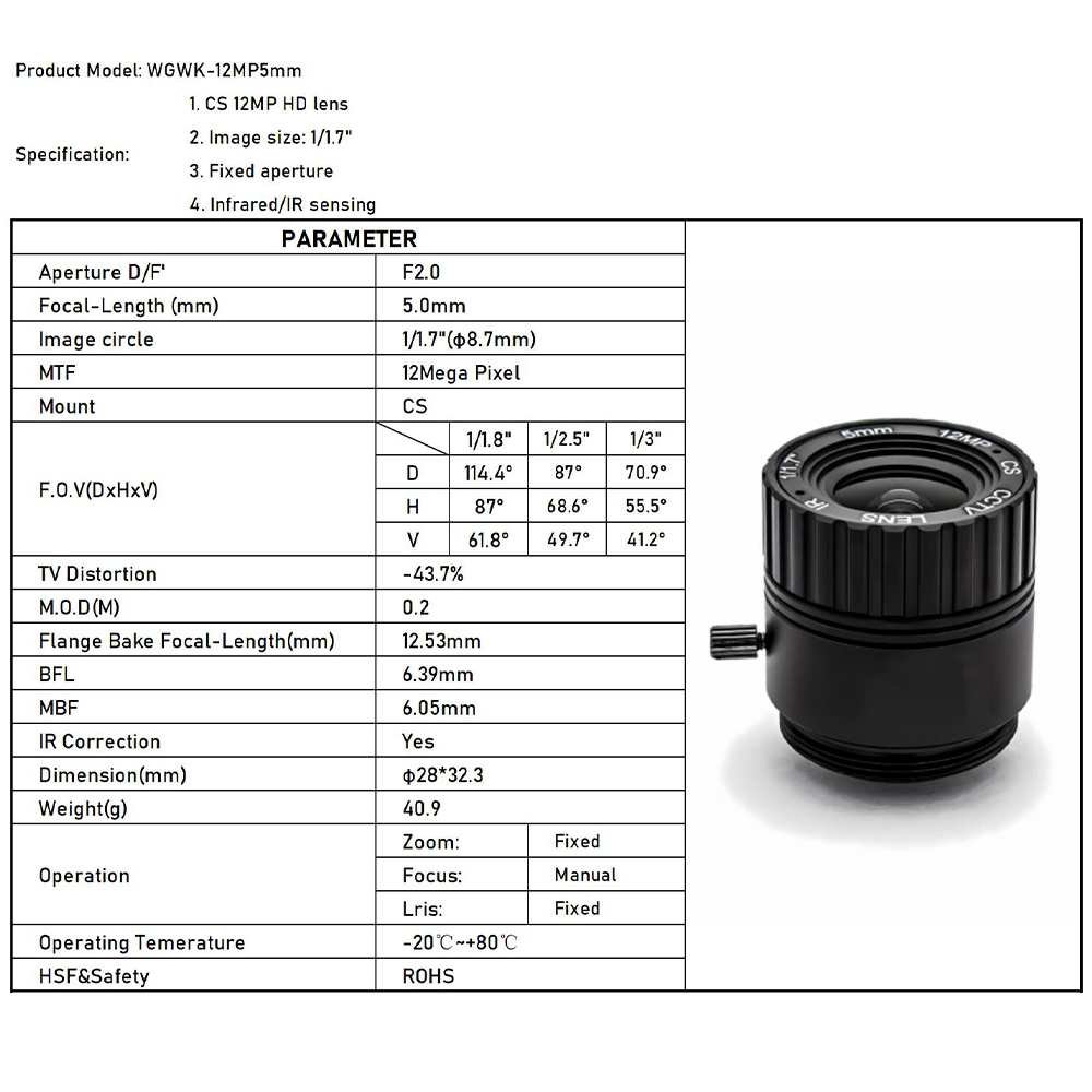 WGWK 4K 12MP CS Mount CCTV Lens 1/1.8" Format Manual Iris 5-50mm Industrial Zoom Lens For Machine Vision Surveillance IP Camera