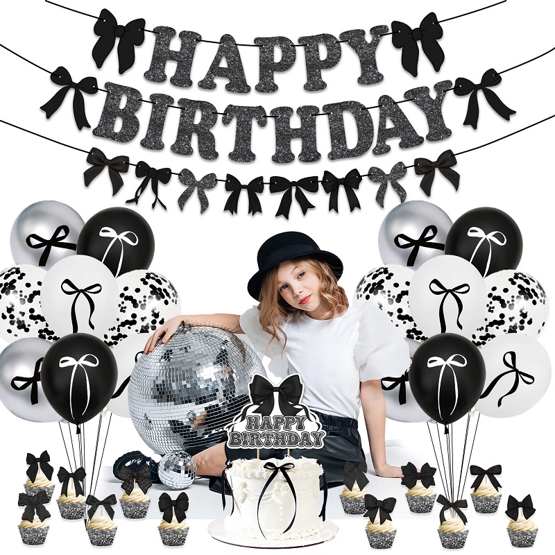 13pcs Black Bow Tie Cake Decoration,Girl's Bow Happy Birthday Cake Insert