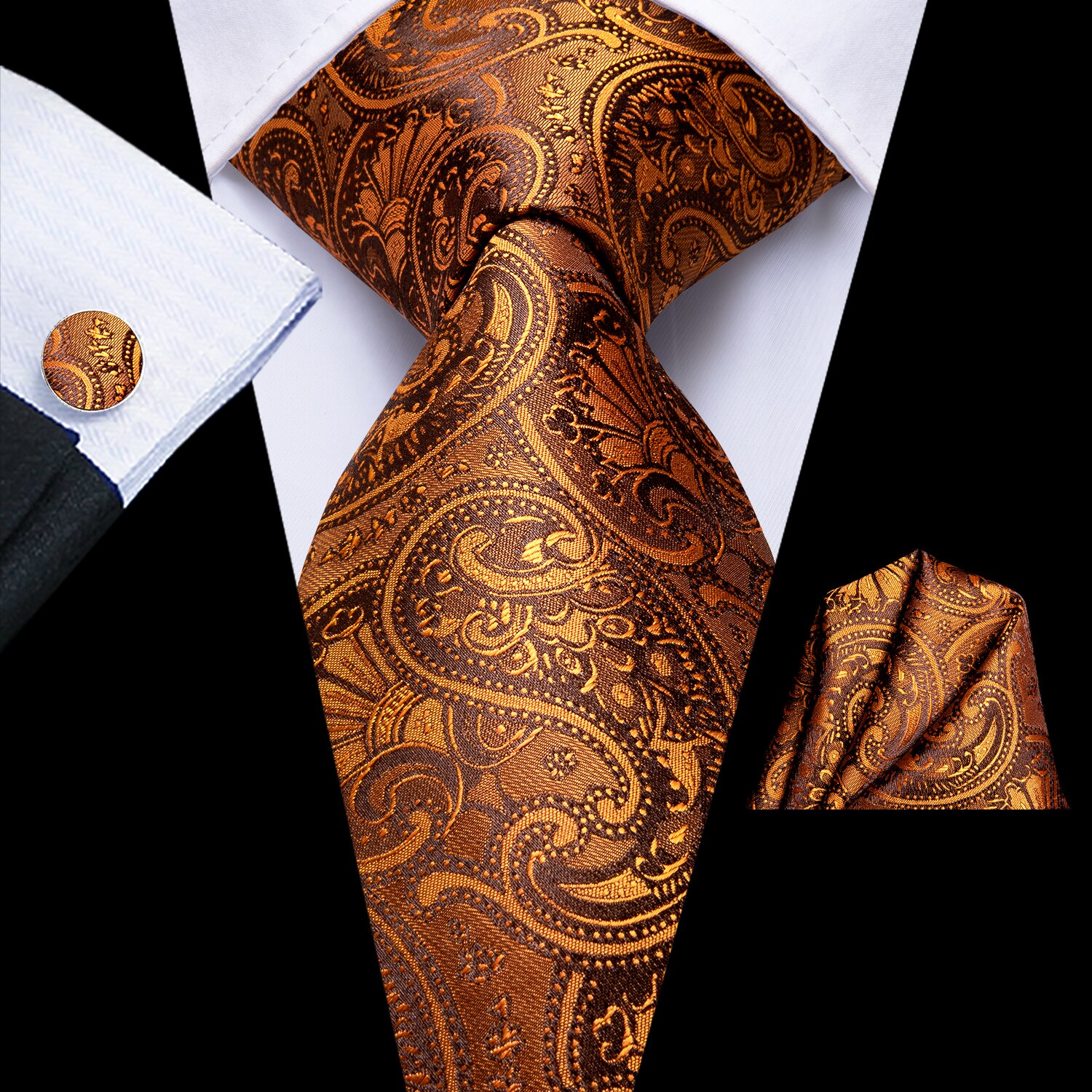 Hi-tie mænd slips silke slips business guld slips og lommetørklæde manchetknapper sæt jakkesæt bryllupsfest gul mænd slips sæt: Sn -1551