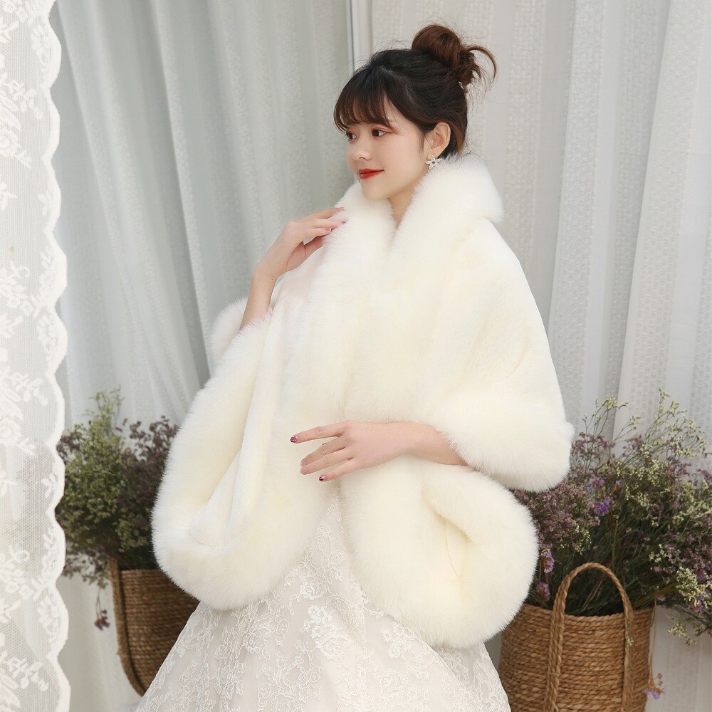 JaneVini Burgundy Wedding Jacket Furry Bridal Faux Fur Shawl Wrap Winter Bolero Cloak Women Evening Party Stole In Stock