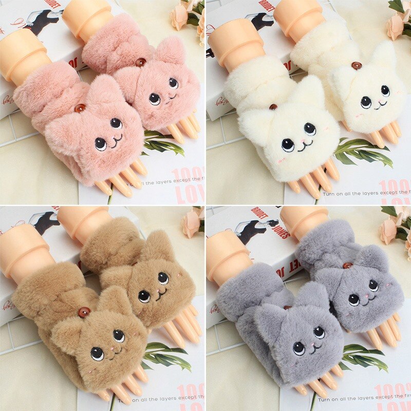 Kinder Mädchen Halbe Finger Flip Fäustlinge Plüsch Dicken Fahren Handschuhe Nette Katze Touchscreen Handschuhe für Mädchen Winter Warme Handschuhe