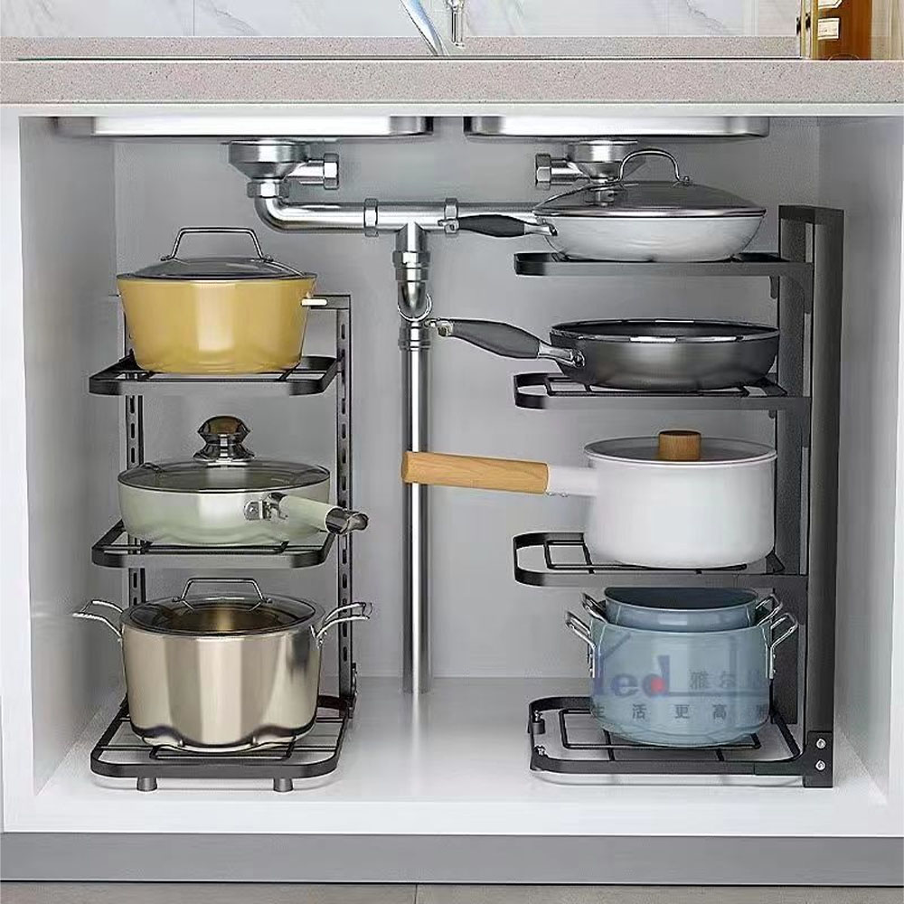 Estante organizador de ollas y sartenes, soporte de estante para fregadero de cocina, armario de almacenamiento para el hogar, organizador de sartenes multicapa, estante para cuencos
