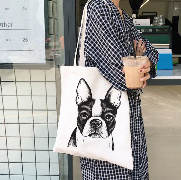 Fransk bulldog taske damer håndtasker klud lærred tote hund elsker taske shopping rejser kvinder øko genanvendelige skulder shopper tasker