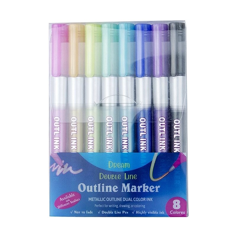 8 stk / sæt farver metalliske dobbeltlinjer highlighter kunstmarkører ud line pen kunst tegning penne til bogstaver farve scrapbooking