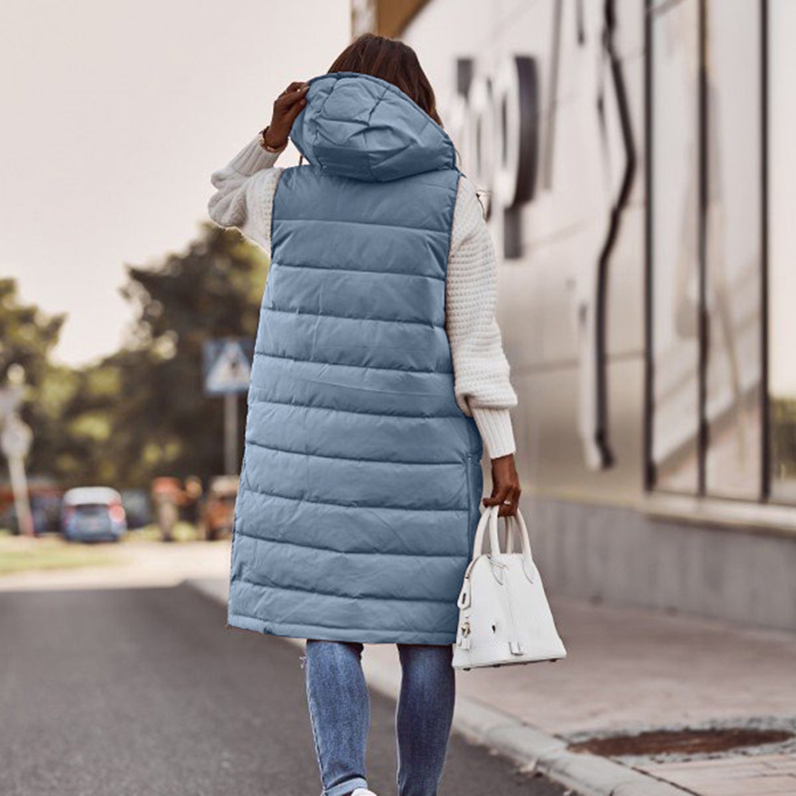 Winter Women's Long Quilted Jacket With Hood Outdoor Sleeveless Down Vest Winter Warm Quilted Coat With Pockets Thermal Parka