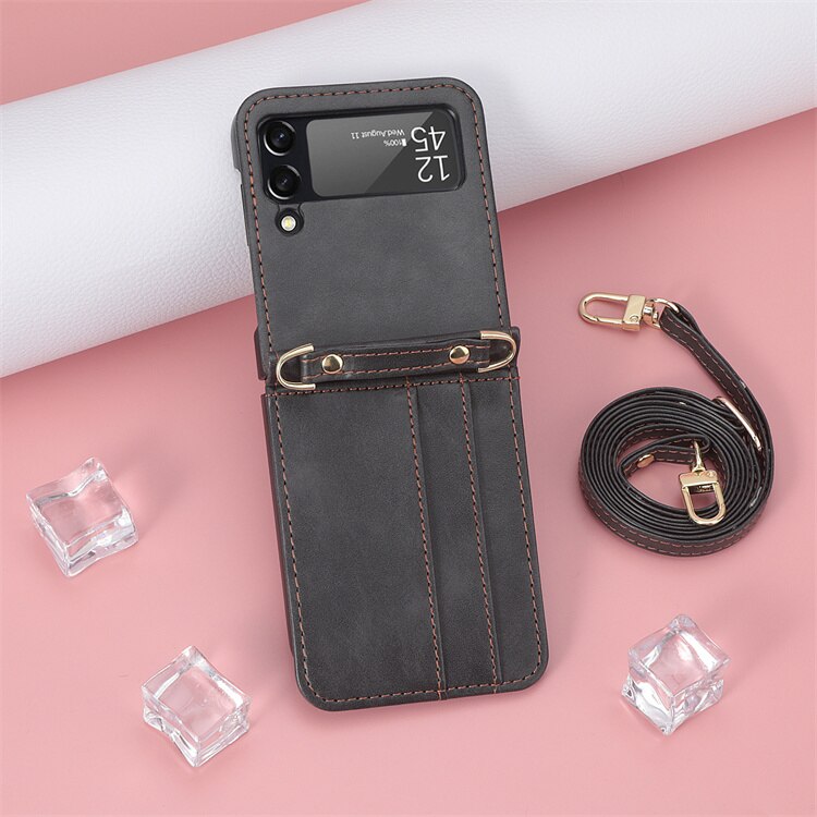 Lanyard Geïntegreerde Schokbestendig Card Slot Leather Case Voor Samsung Galaxy Z Flip 3 Flip3 5G Anti-Kras Beschermende telefoon Cover: Black