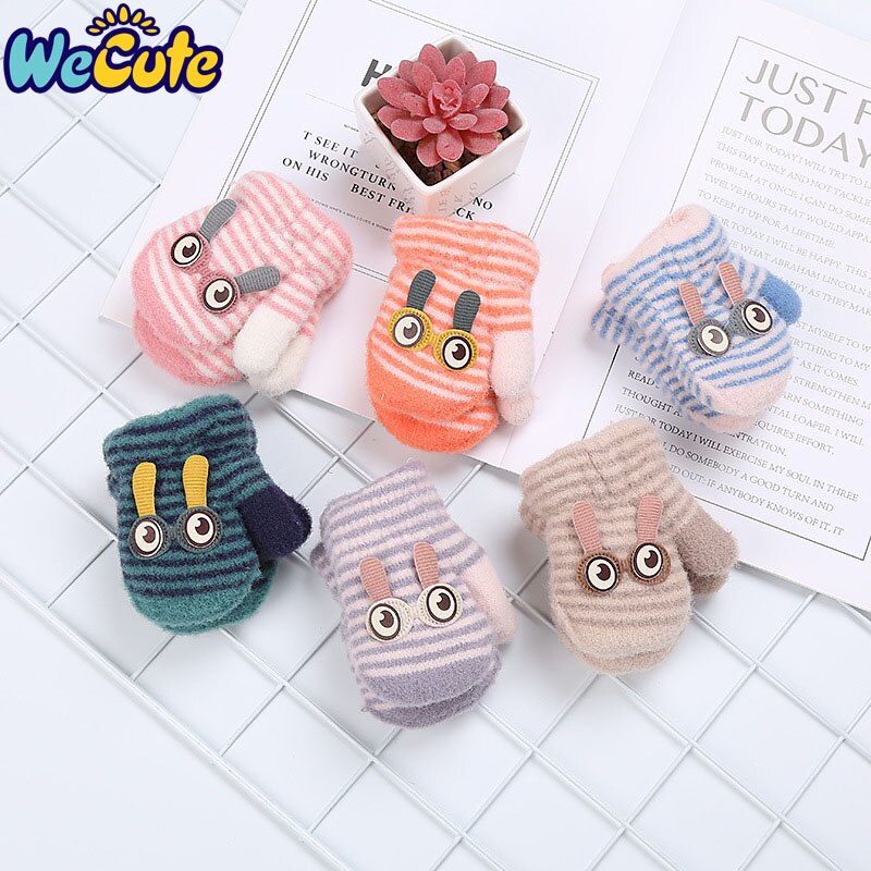 Wecute listrado bonito grandes olhos coelho dupla camada mais veludo quente luvas de inverno malha crianças luvas para meninos gilrs bebê