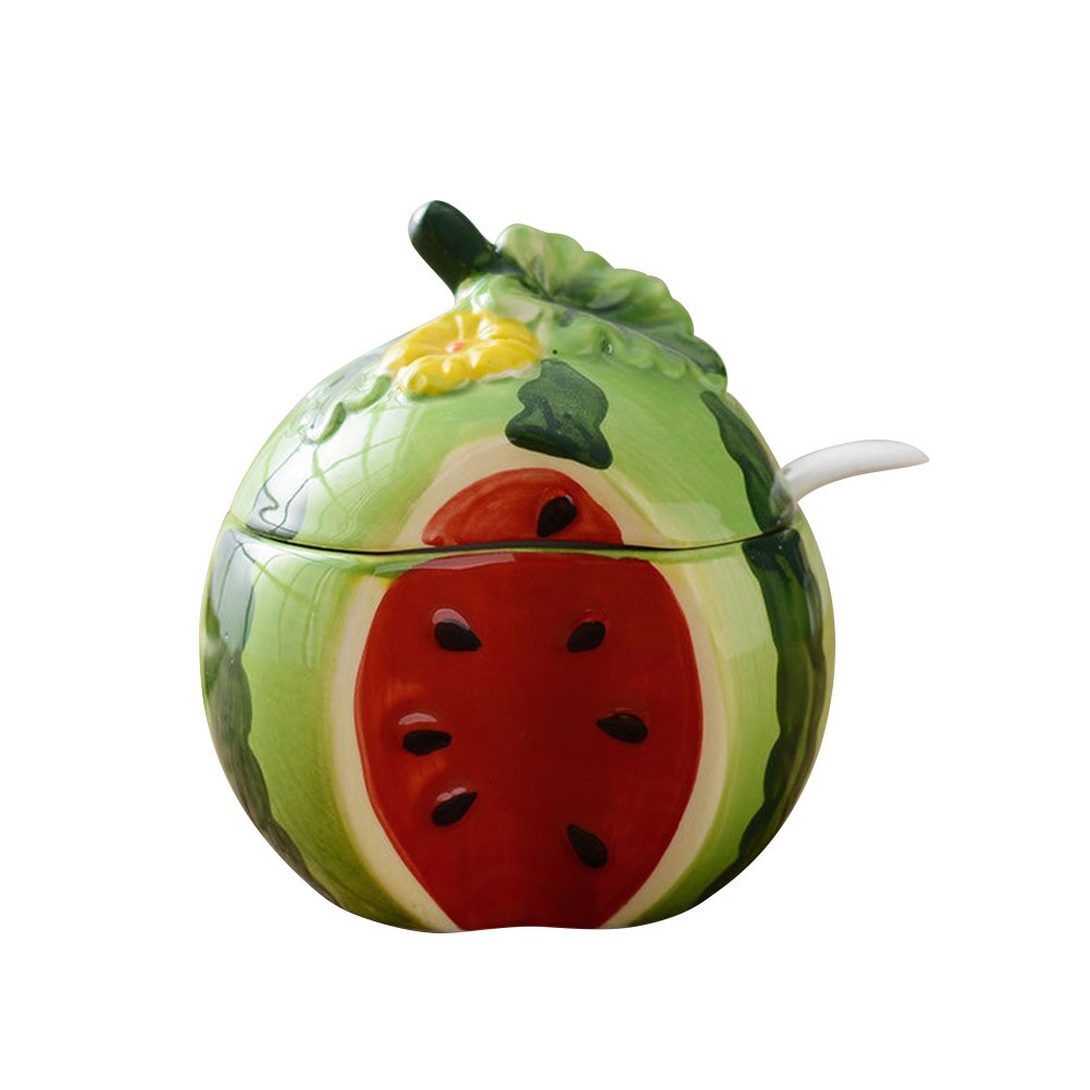 Keramisk kryddburkflaska söt fruktmelonform förvaringstank köksdekoration levererar sockerskål med lock och sked: G