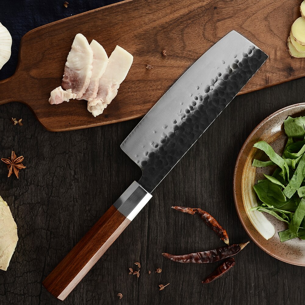 Zinzuo super skarp nakiri håndlavet smedet køkkenkniv lille skærekniv rustfrit stål kokknive smedet kløver træhånd