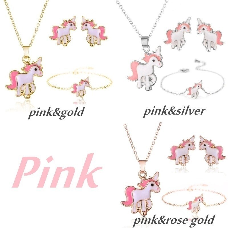 4 teile/satz Halskette Ohrringe Karikatur Einhorn Halskette Ohrring Schmuck Rosa Mädchen Schmuck Schmuck Ohrring und Halskette einstellen