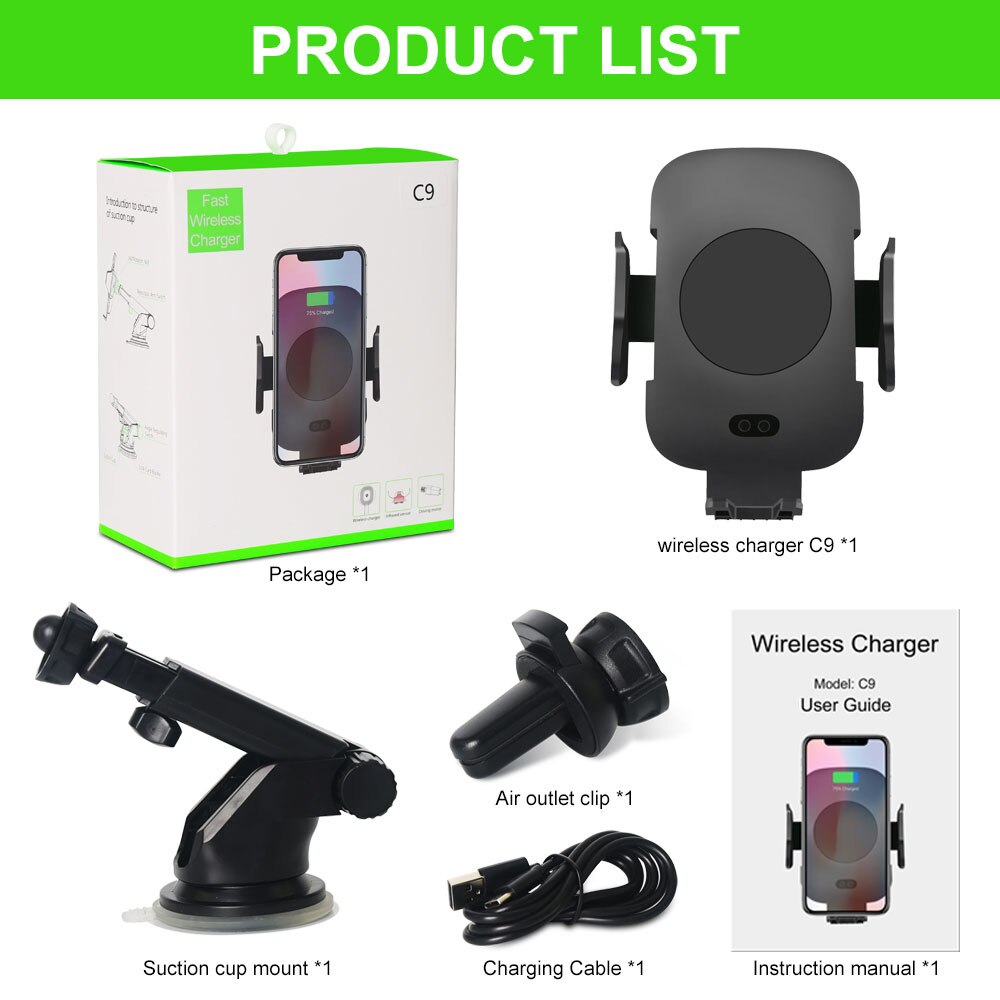 Snelle Auto Draadloze Oplader Automatische Auto Air Vent Oplader voor iPhone X XS 8 7 Samsung S9 S8 Plus met sensor Infrarood inductie: C9 Full Set