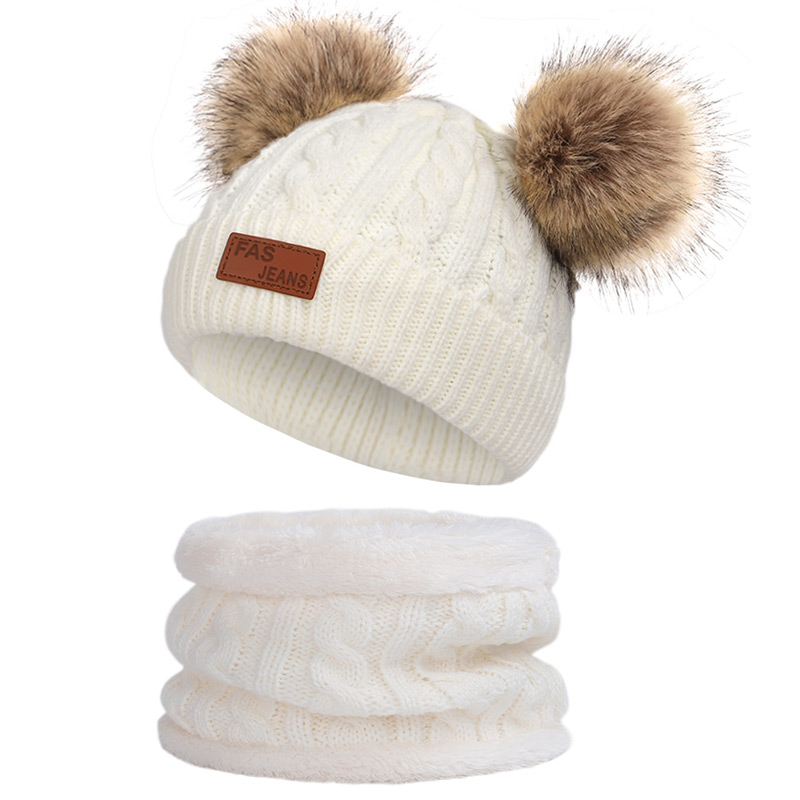 Los niños de invierno cálido sombrero Collar pompón guisantes sombrero de niño/Niña de punto sombrero de la bufanda de esquí cálido 2 conjunto de piezas gorro de cabeza: White