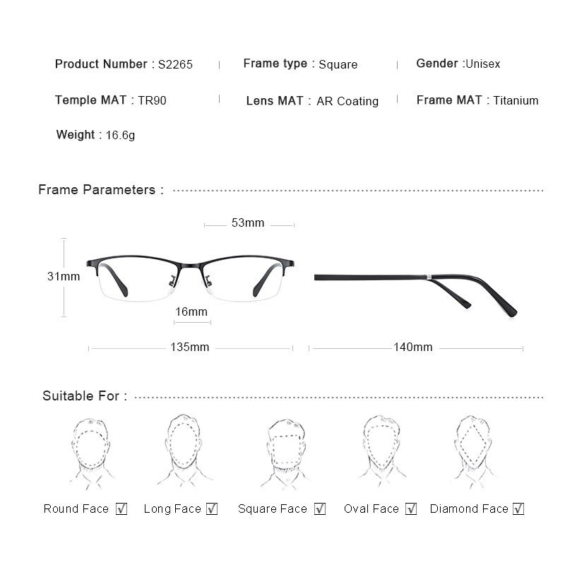 MERRYS Men Women Alloy Glasses Half Frame Myopia Prescription Eyeglasses Optical Frame S2265