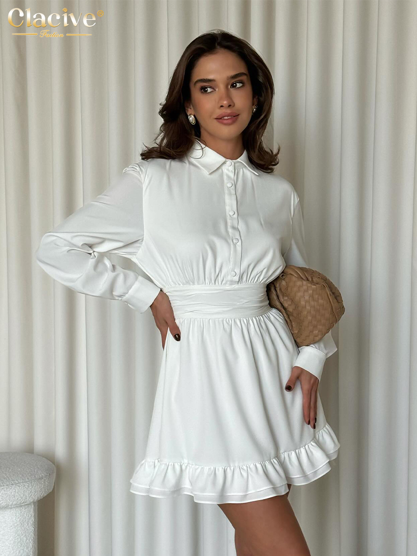 Clacive Loose White Women's Dress Lapel Long Sleeve Mini Dresses Casual High Waist Pleated Female Dress