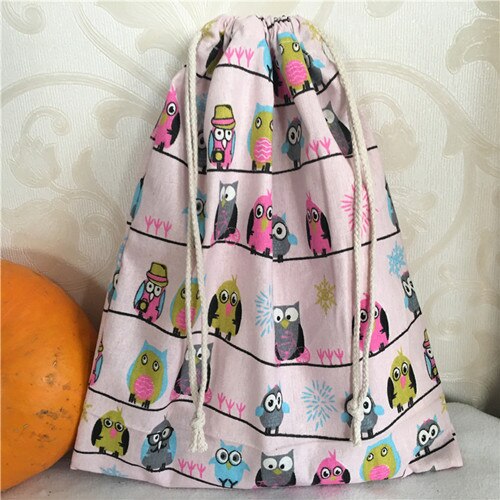 YILE Handmade Pink Cotton Linen Drawstring Multi-purpose Organizer Bag Colorful Owls 8212c: XL 39x34cm