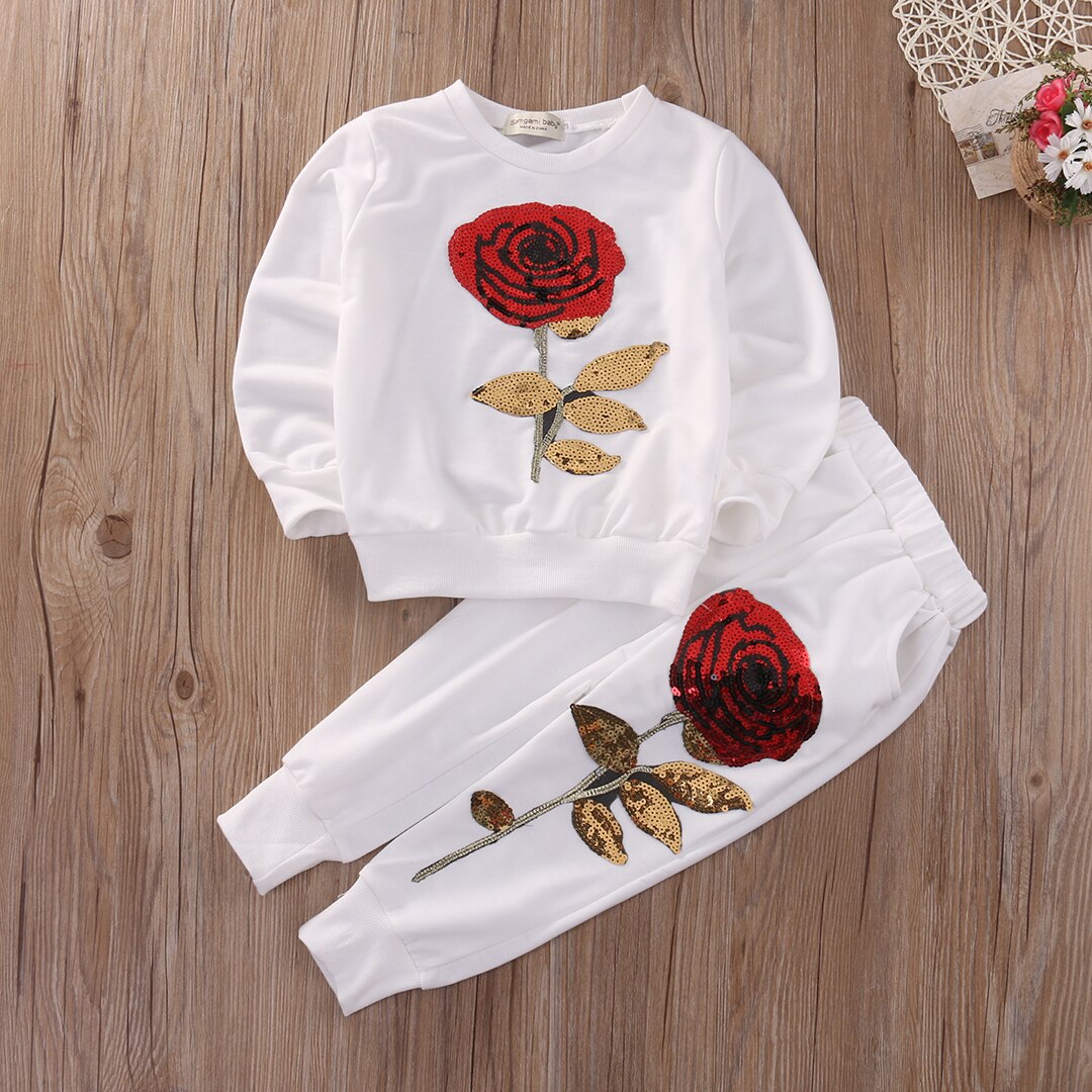 Brand Toddler Infant Kids 2PCS Girls Sequins Rose Outfits Clothes T Shirt+Long Pants Set Tracksuit Casual Set 2-7Y