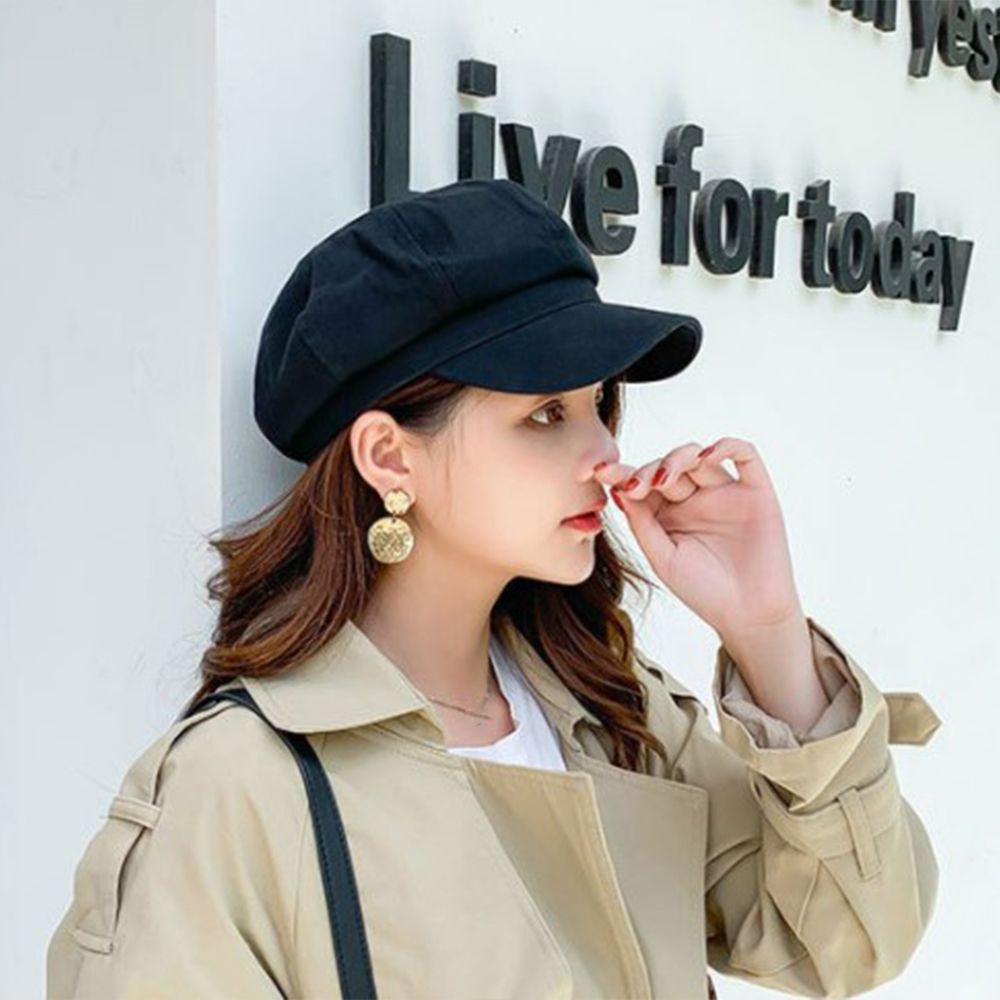 Mode Vrouwen Hoeden Achthoekige Platte Cap Elegante Dames Lente En Herfst Katoen Marine Hoeden Baretten Meisjes Effen Kleur Baret Hoeden: black