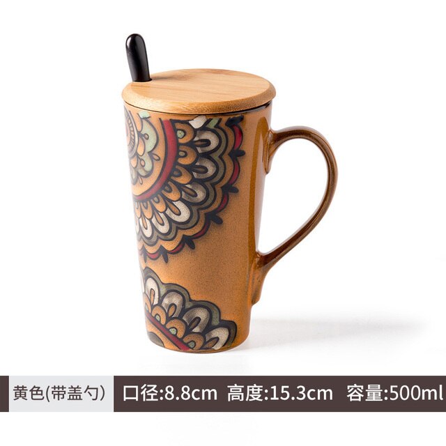 Ceramic Coffee Mug Retro Large-capacity Office Southeast Asia Water Cup Cups and Mugs with Lid Spoon Birthday CM25: 7