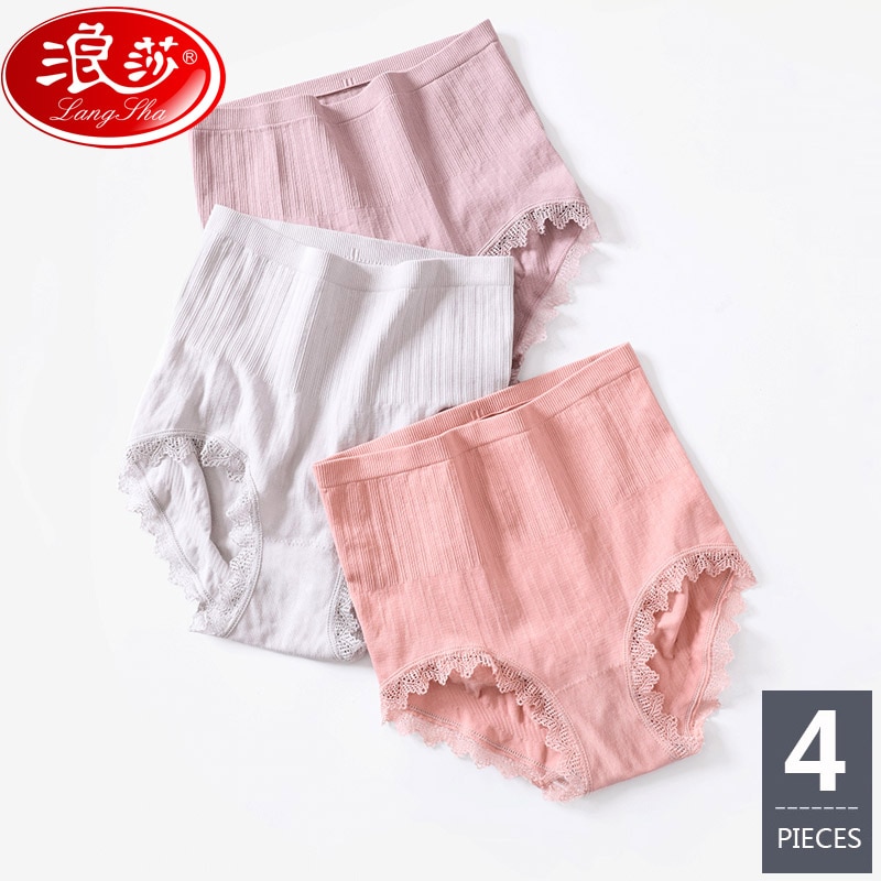 4Pcs High Waist Women Shapers Abdomen Soft Cotton Slimming Underwear Ladies Body Shaperwear Fitness Lace Control Panties LANGSHA