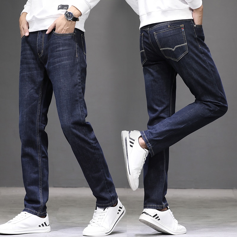 Plus størrelse 42 44 46 vinter menn rett jeans virksomhet klassisk stil denim tøye ut bukser mannlig merke bukser