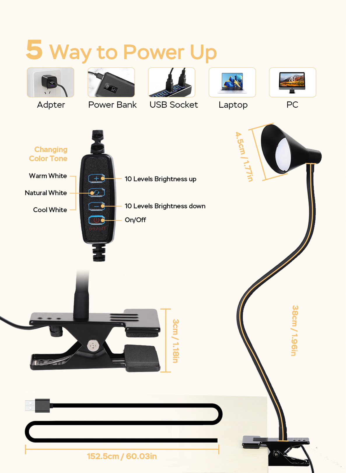 Lampada da lettura, lampada con morsetto USB per bambini che legge il libro a letto di notte, piccola lampada da scrivania a LED con clip a collo di cigno regolabile