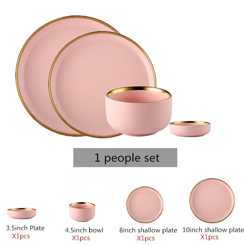 Porslinsmiddagstallrik Set Rosa Guld Kant Keramik Servis Maträtter Ris Sallad Nudlar Skål Mugg Bestick Set 1 st: Sked 2