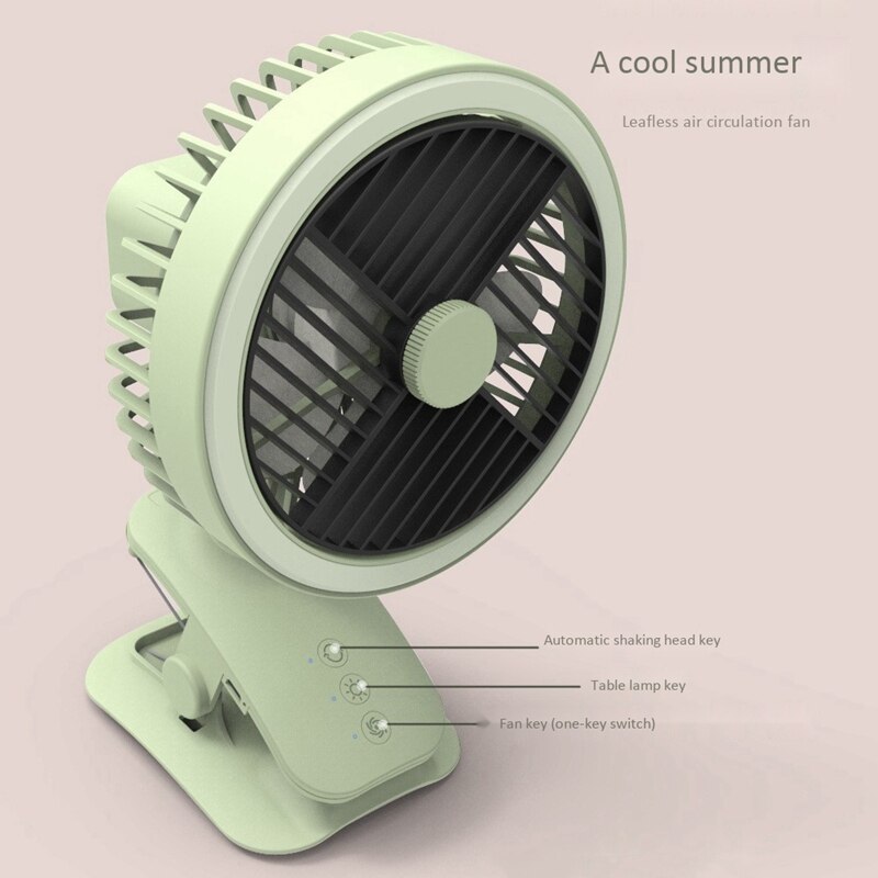 Usb-bureauventilator, 3 snelheden, instelbaar, usb-oplaadbaar, clip-on koelventilator, sterke wind, stil, met tafellamp