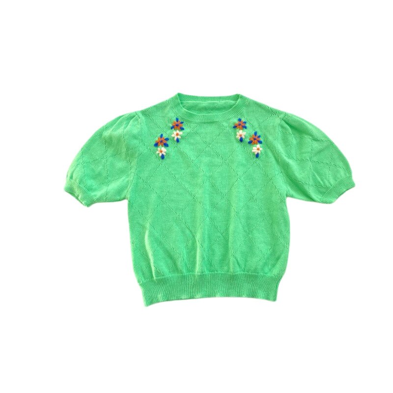 2022 Girls floral embroidery short sleeve knitwear Kids all-match soft thin knit pullovers Tops: Green / 7T