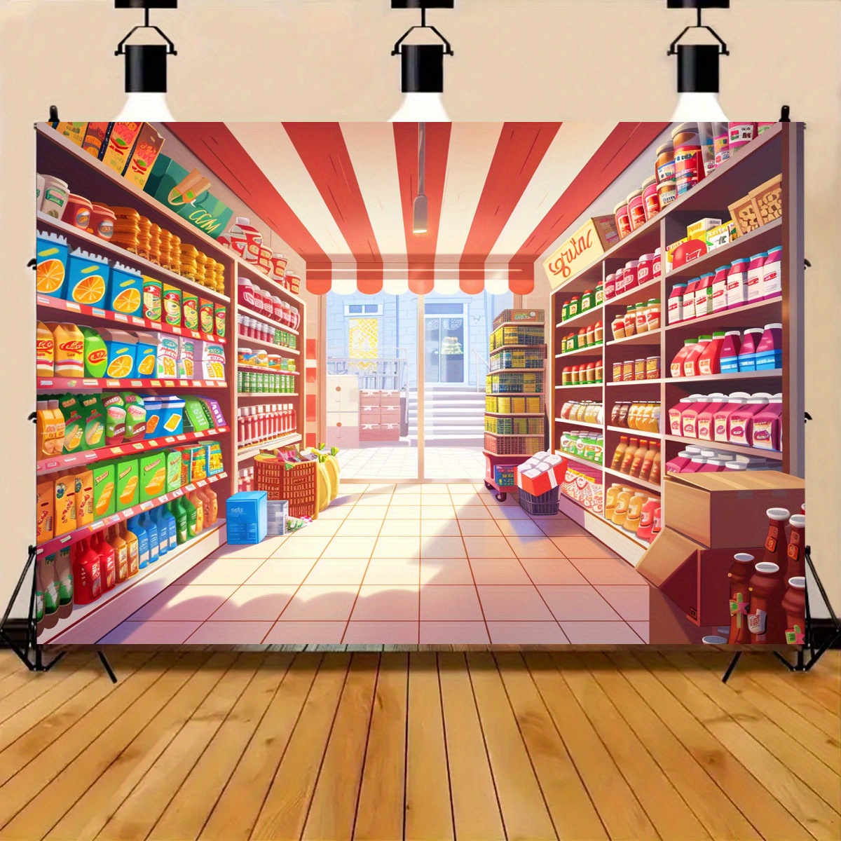 En levende tegneserie-supermarkedbannerbaggrund - en farverig købmandsscene, en rekvisit fra et fotostudie