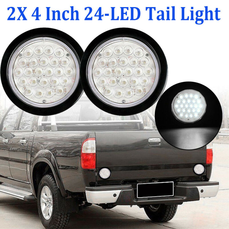2pcs Super Bright 4Inch Round 24LED Truck Trailer Tail Light Reverse Backup Lamp Clear White With DC 12V