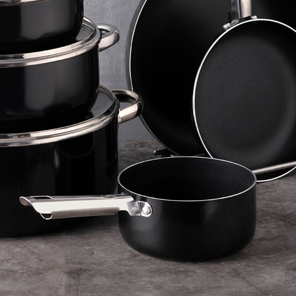 Cazo industrial Pixel Pro, 16x8cm, 1.3L, doble capa de antiadhernete negro, aluminio prensado, fondo de inducción por puntos, mango de acero inoxidable, cazo cocina, cazos de cocina