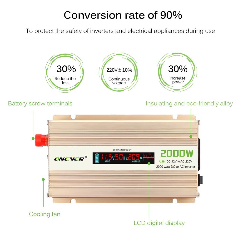 2000W Inverter convert DC 12V to AC 220V / USB DC 5V Power Converter Booster with 1 English/Spanish/Italian/French user manual