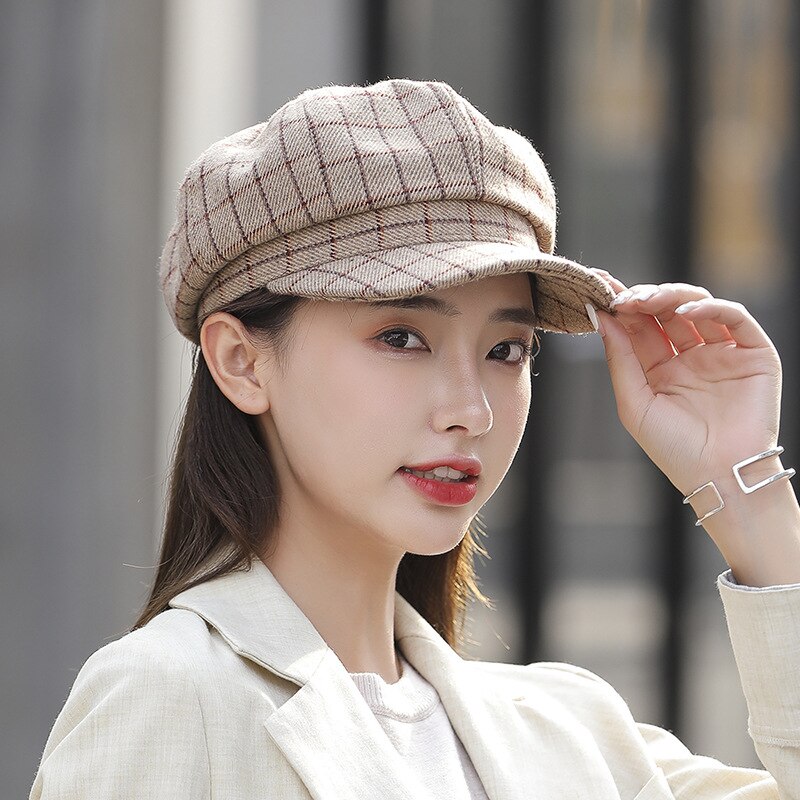 Women Wool Cotton Blend Berets Winter Autumn Octagonal Beret Caps Stylish Artist Painter Hats Classic Lattice Beret Hat: Style 1 Khaki