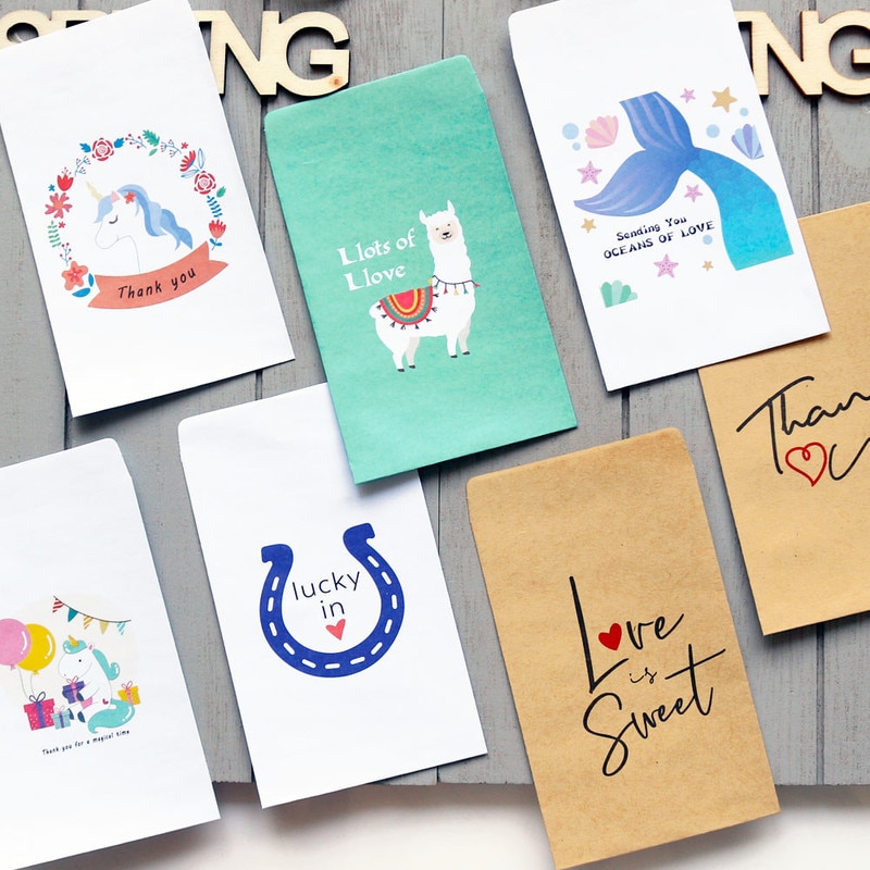 50 stuks mini kraft papieren zakjes voor eenhoorn bedankjes kleine tas zeemeermin bruiloft feest bedankjes zakjes lama papieren snoepzakjes
