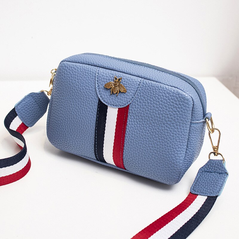 Bee Tassen Vrouwen Schouder/Crossbody Tas Streep Rits Mode Riem Stijl Mini Purse: blue