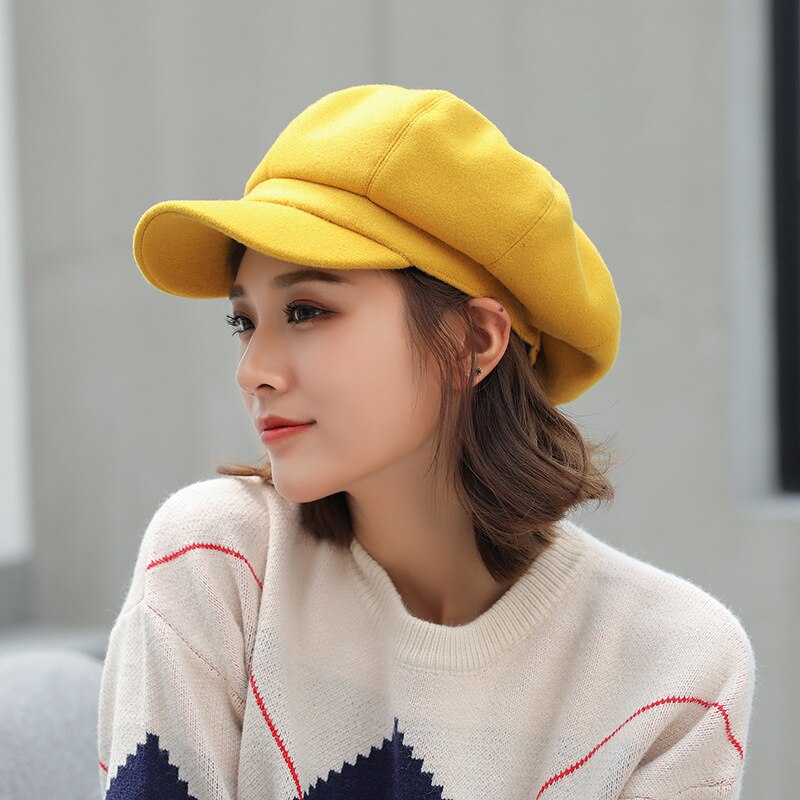 Hats tweed hat boina retro hat newsboy womens hats and caps suede whiet beret newsboy hat for women octagon caps: Yellow