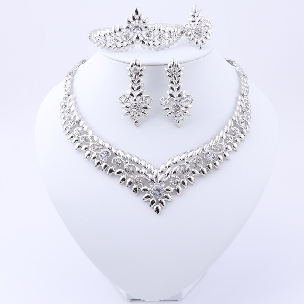 Nigeriaanse Bruiloft Bridal Afrikaanse Goud Kleur Sieraden Set Dubai Kristal Ketting Armband Oorbellen Ring Set: silver