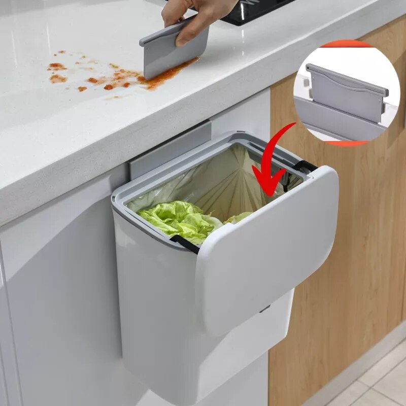 7/9L Kitchen Trash Can Wall Mounted Garbage Bin Recycling Garbage Basket Waste Bin Cabinet Door Hanging With Lid For Bathroom