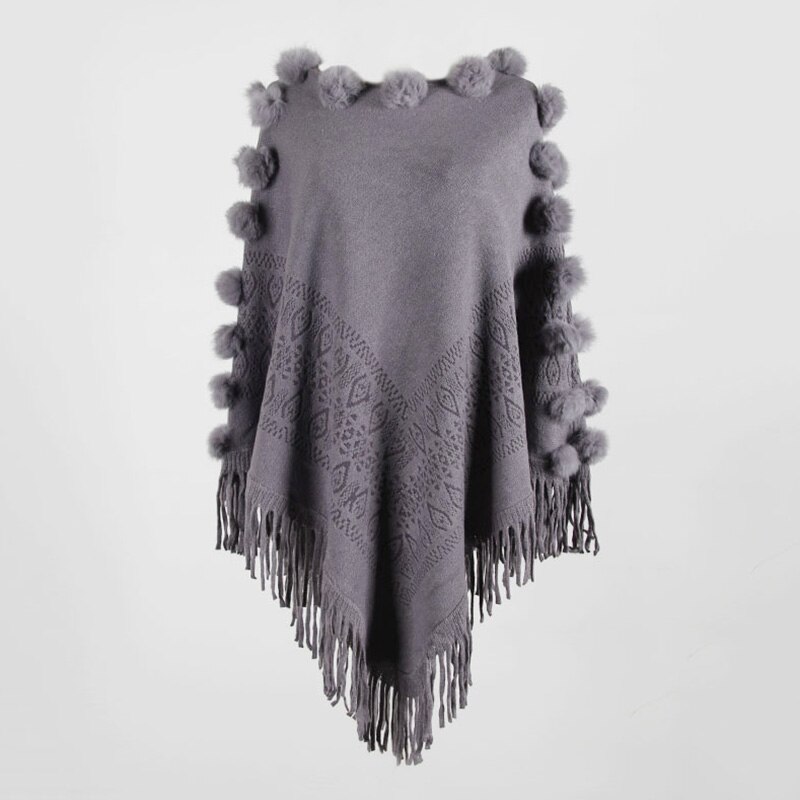 Dam cape kappa tofs stickad poncho lös pullover tröja kappa sjal höst vinter toppar kvinnliga solida ponchos med hårboll: Grå