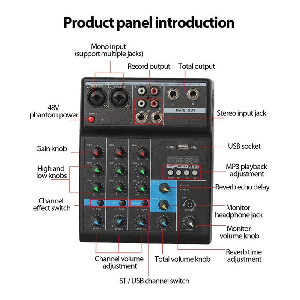 Mini Portable Audio Mixer With USB DJ Sound Mixing Console MP3 Jack 4 Channel Karaoke 48V Amplifier For Karaoke KTV Match Party