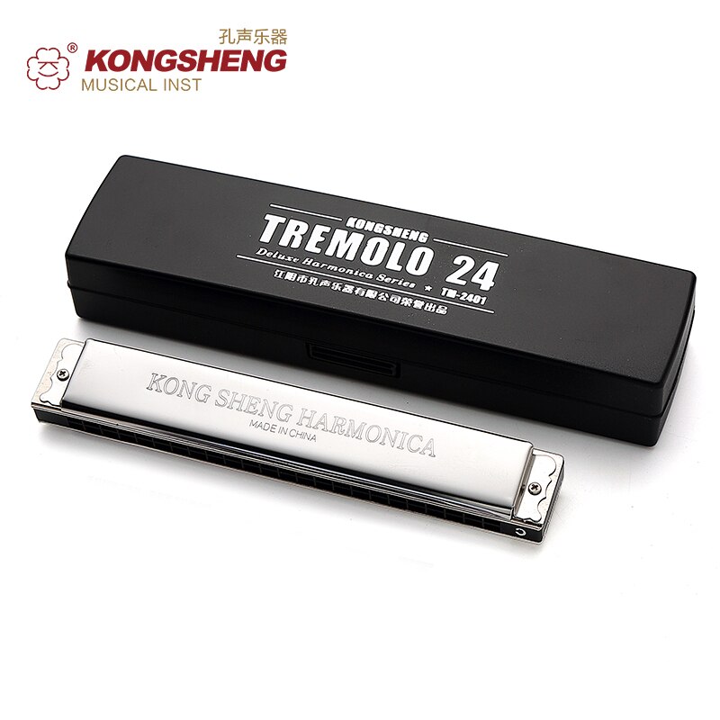 KONGSHENG Tremolo Harmonica 24holes Mouth Organ or beginners HARP Key of C/#C/D/#D/E/F/#F/G/#G/A/#A/B with box Silver Harp