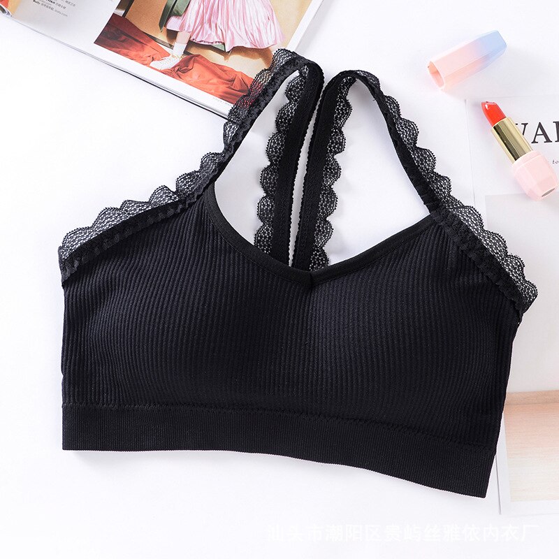 Vrouwen Katoenen Ondergoed Tube Top Beha Sexy Kant Top Vrouwen Sportbeha Naadloze Draad Sexy Lingerie Vrouwelijke Crop top Bralette: black