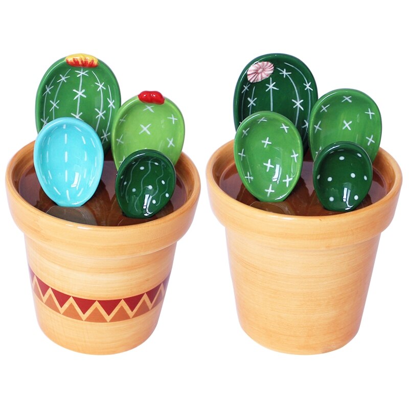 A0KE Ceramic Cactus Measuring Spoons with Holder Set Baking Measuring Spoons for Home Kitchen Cooking Baking Sugar Salt Add