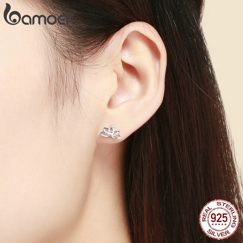 Bamoer 925 Sterling Zilveren Lotus Bloem Stud Oorbellen Voor Vrouwen Elegante Lotus Oorbellen Zilveren Sieraden BSE024