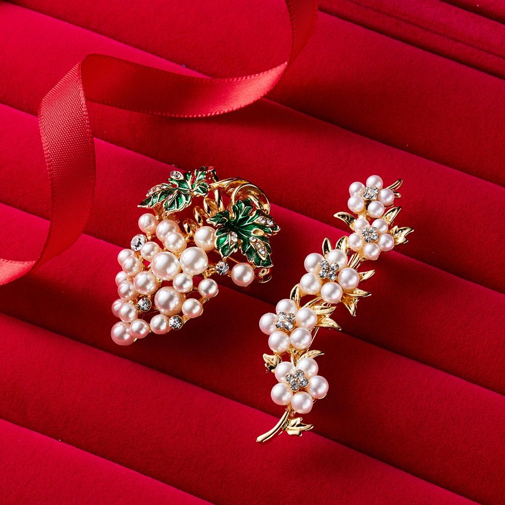 Rinhoo Grapes Brooches Gold-color Imitation Pearl Flower Brooch Rhinestone Scarf Buckle Pins Women Wedding Bridal Dresses Hijab