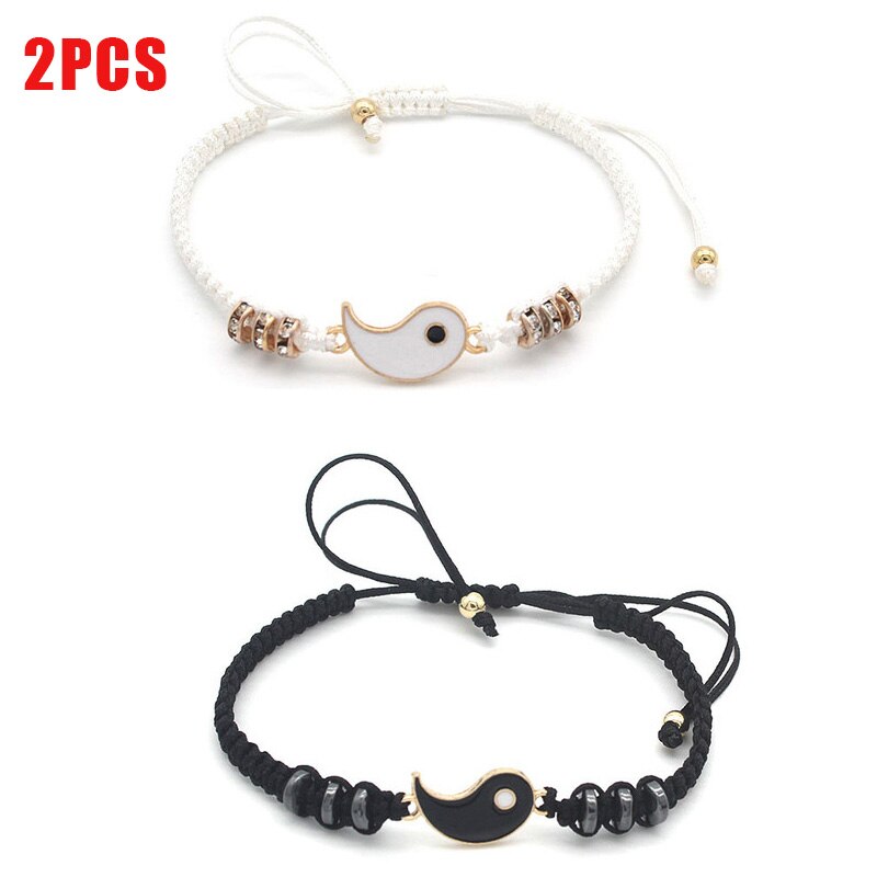 Set di collane per bracciali coppia Tai Chi cinese Fengshui porta fortuna cordoncino di cuoio bracciale intrecciato ciondolo in lega regalo braccialetto intrecciato: Gold Color