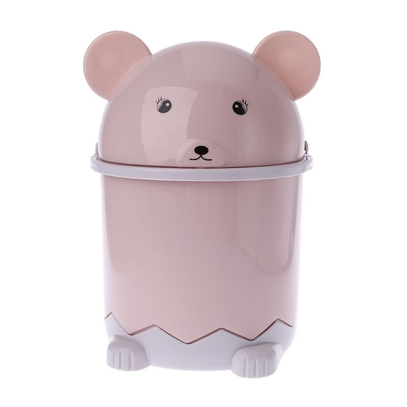 Mini Bear Waste Bin Desktop Garbage Basket Table Home Trash Can Swing Lid 1.5L: pink