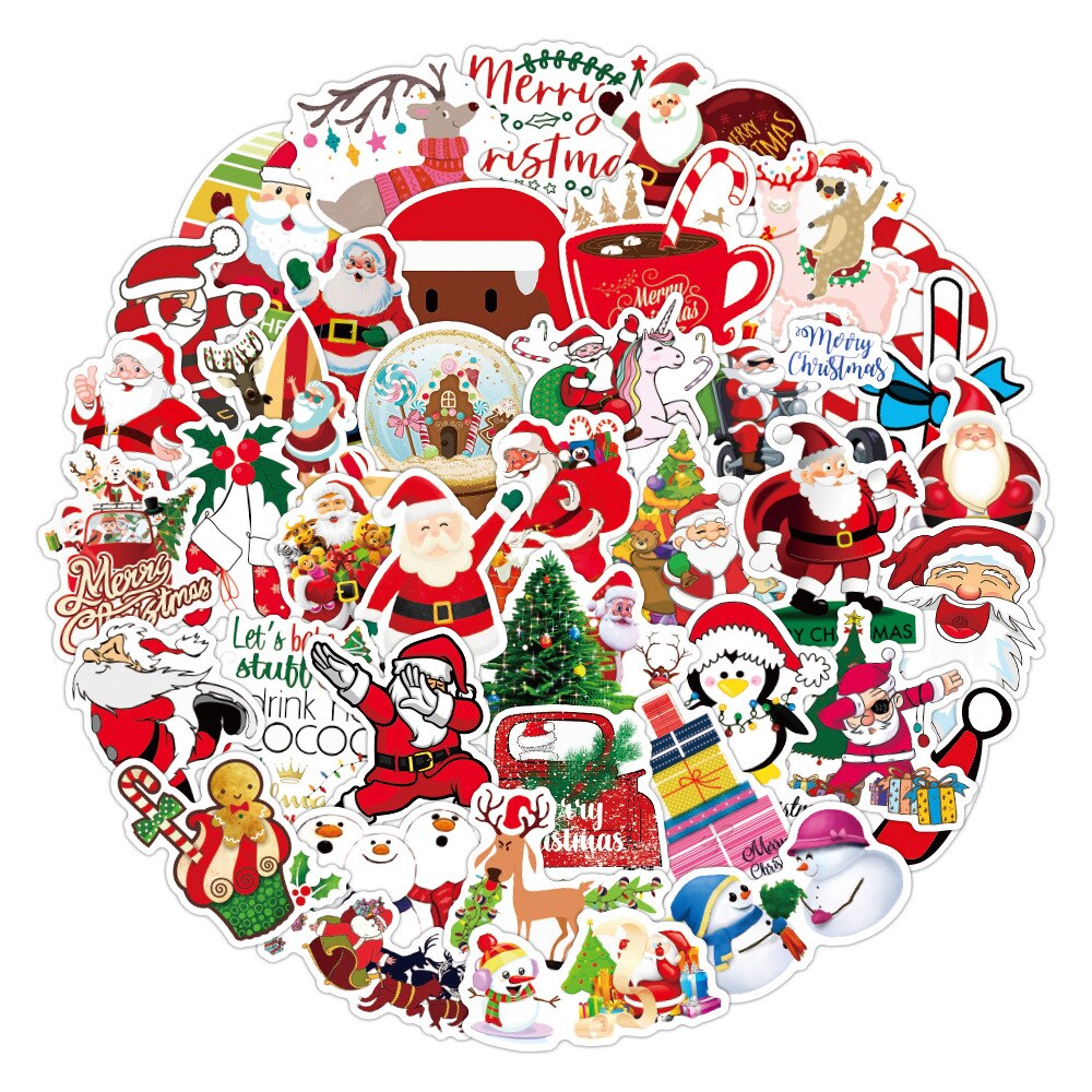 50pcs Merry Christmas Ball Elk Santa Claus Sticker DIY for On Skateboard Suitcase Luggage Snowman Sticker Xmas Decoration