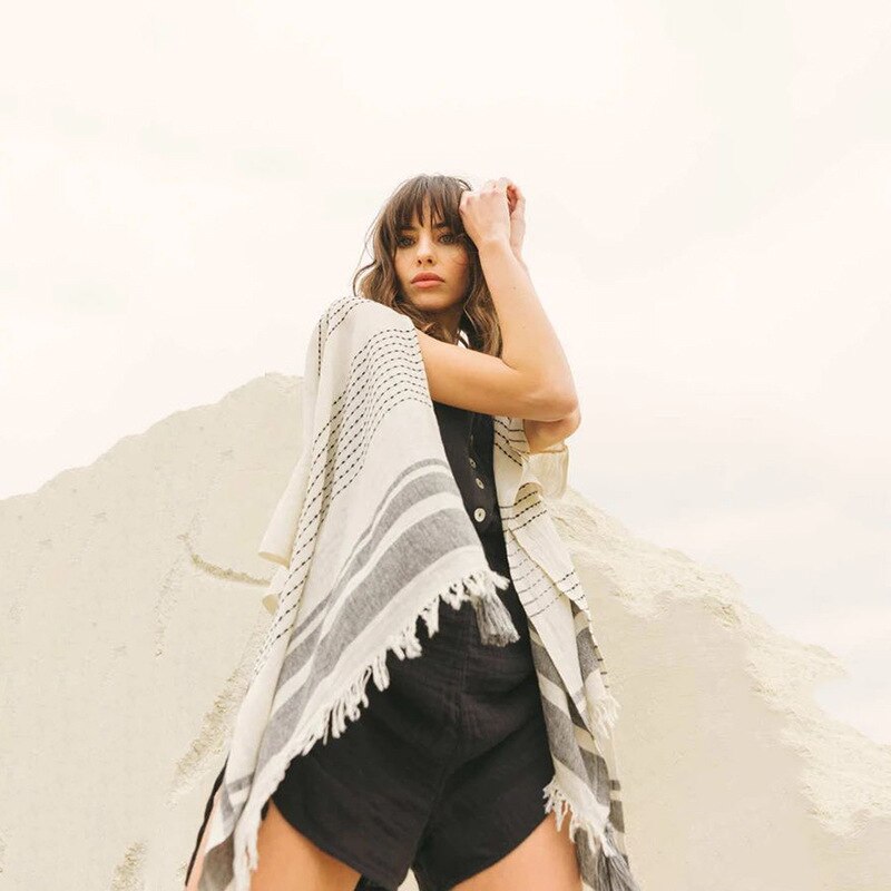 Strandkleding open steek wit gestreepte vesten met kwastjes korte shirt strandkleding vrouw siwmwears