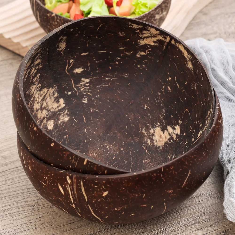 Cuenco de coco Natural para cena, vajilla de madera hecha a mano, cuchara de madera para postre, ensalada de frutas, mezcla de arroz, Ramen, 550/400/300Ml